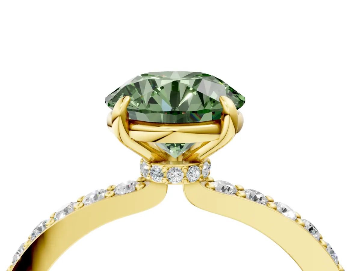 Fancy Green Round Cut Diamond Solitaire Engagement Ring with Pavé Band and Four-Prong Setting Yellow gold