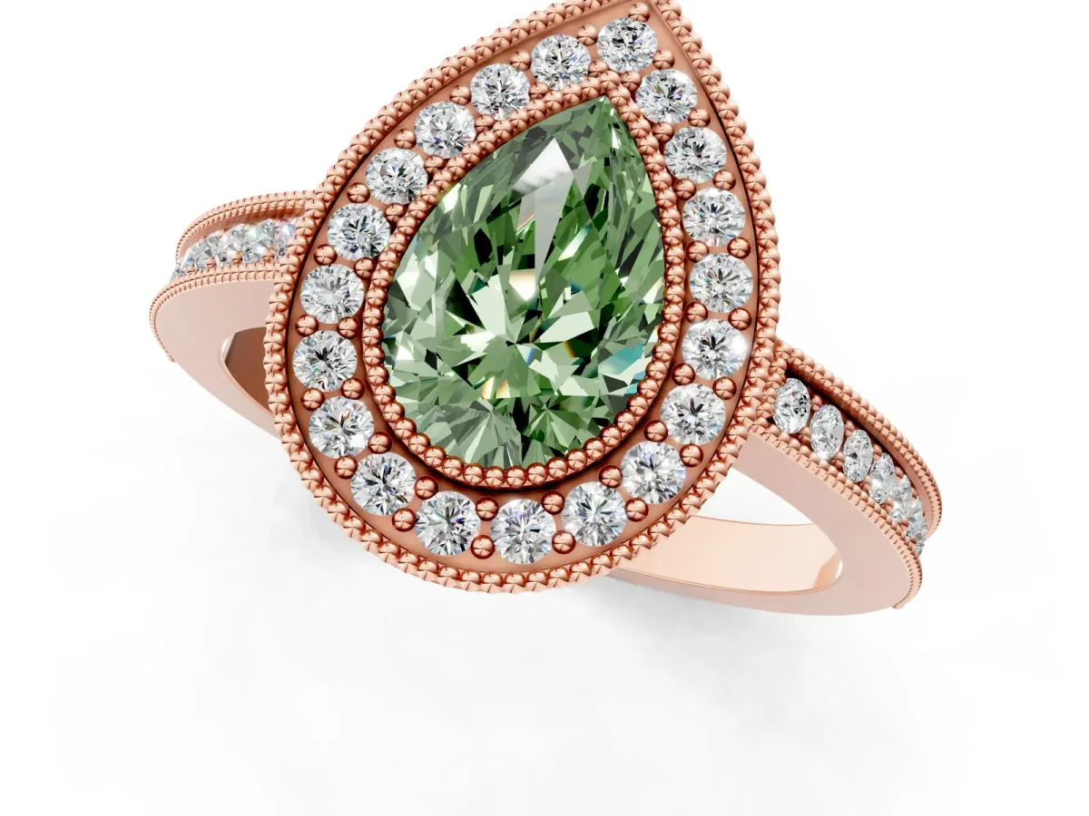 Fancy Green Pear Cut Cut Halo Diamond Ring with Pavé Band and Milgrain Prong Setting Rose gold
