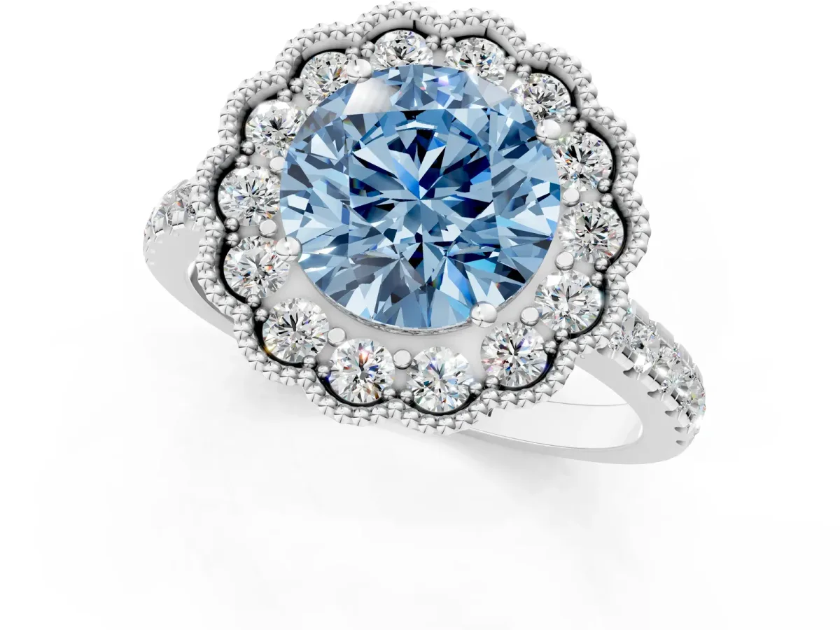 Fancy Blue Round Cut Cut Diamond Milgrain Floral Halo Engagement Ring with Pavé Band Silver