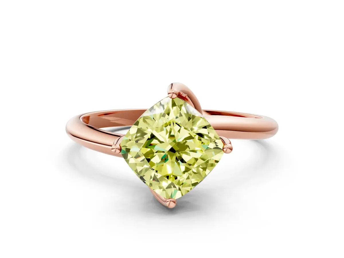 Fancy Yellow Cushion Cut Diamond Solitaire Engagement Ring with Four-Prong Setting and Classic Band Rose gold