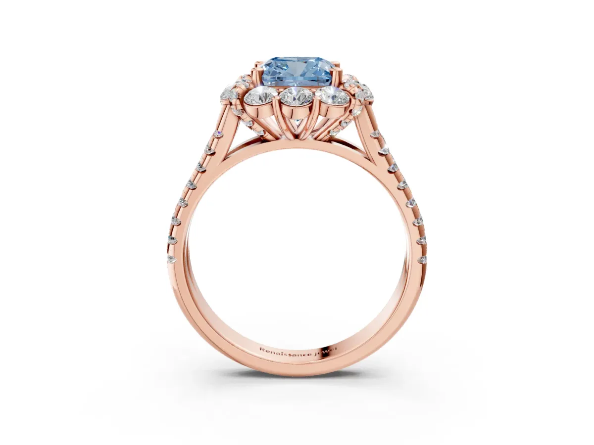 Fancy Blue Cushion Cut Halo Split Shank Diamond Engagement Ring with Pave Band and Four-Prong Setting Rose gold
