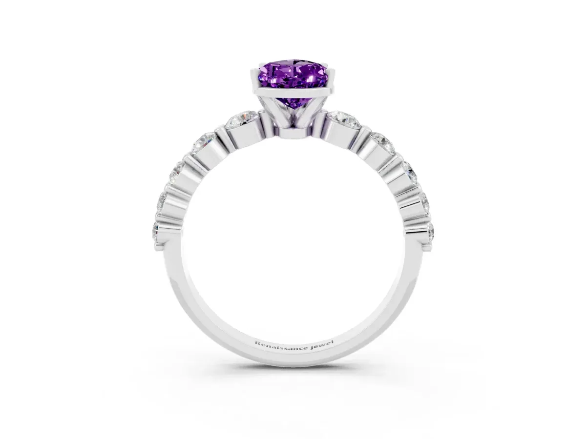 Pear Cut Solitaire Amethyst Ring with Pave Band and Four-Prong Setting White gold