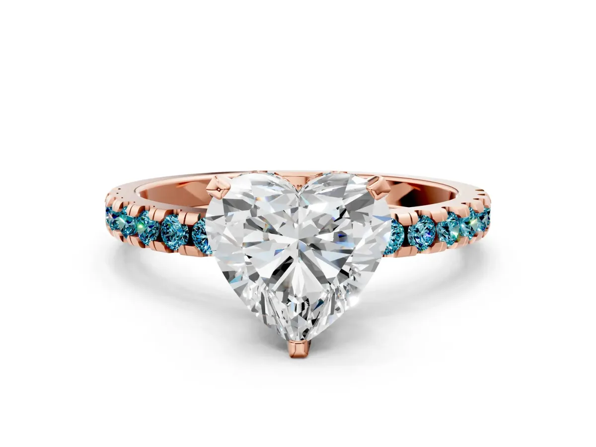 Heart Cut Diamond Solitaire Ring with Round Blue Topaz Pavé Band and Four-Prong Setting Rose gold
