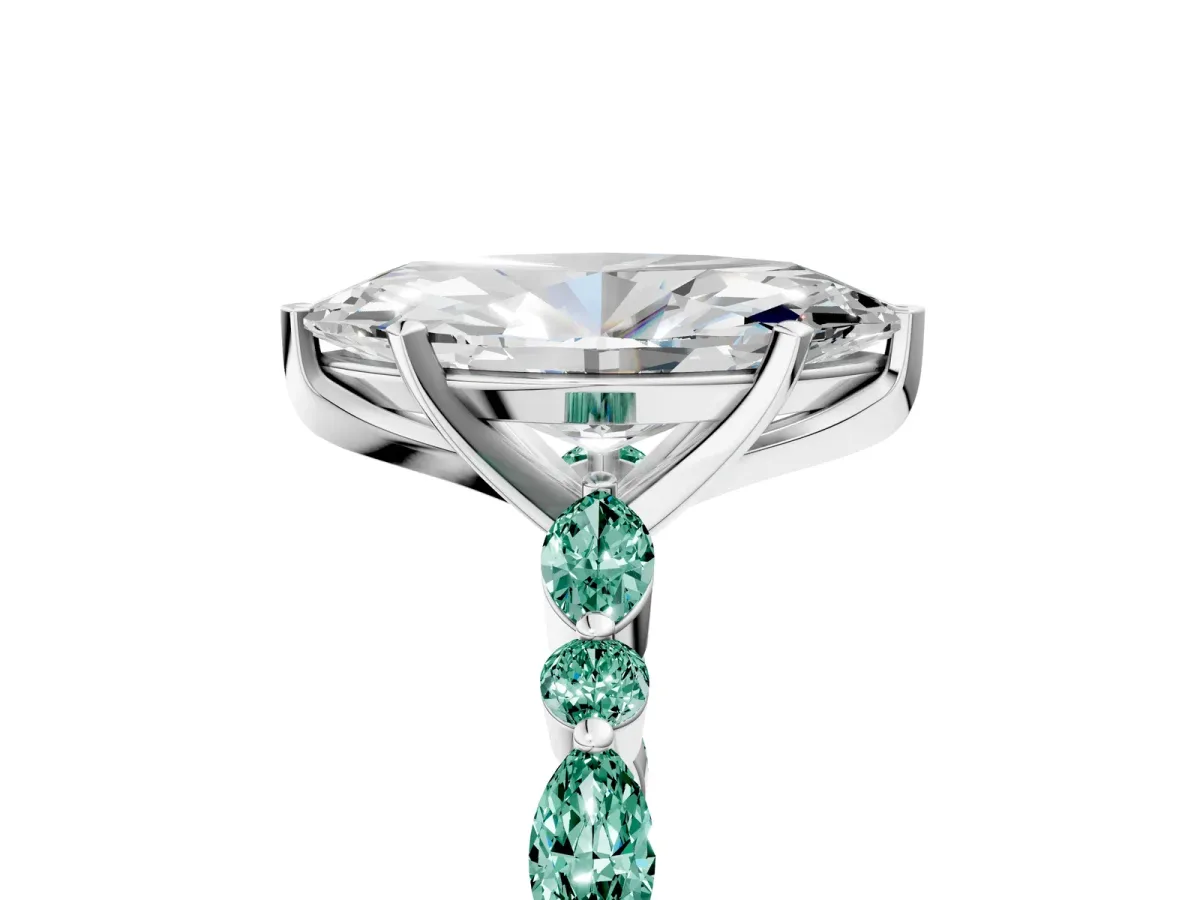 Marquise Cut Diamond Ring with Marquise and Round Green Sapphire Side Stones and Four-Prong Setting Platinum