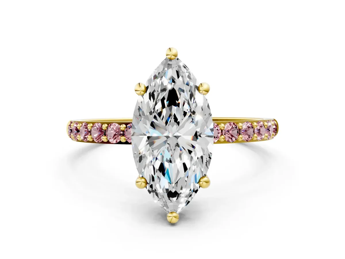 Marquise Cut Diamond Solitaire Ring with Round Morganite Pavé Band and Prong Setting Yellow gold