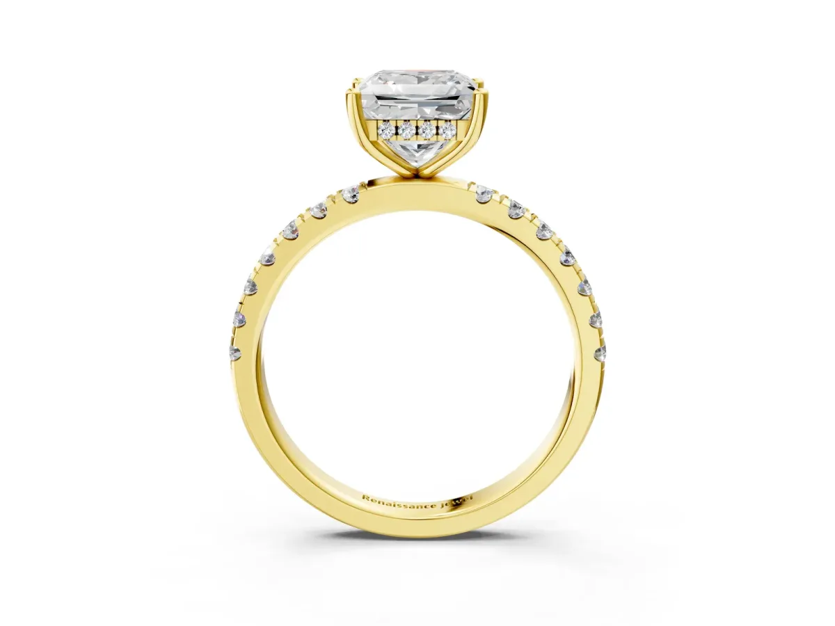 Princess Cut Diamond Pave Band Solitaire Ring with Round Moissanite and Prong Setting Yellow gold