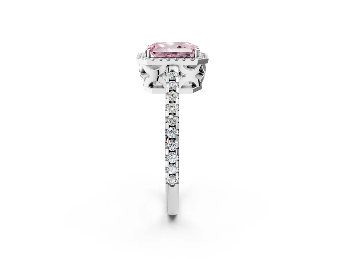 Fancy Pink Radiant Cut Diamond Halo Engagement Ring with Pavé Band and Prong Setting Platinum