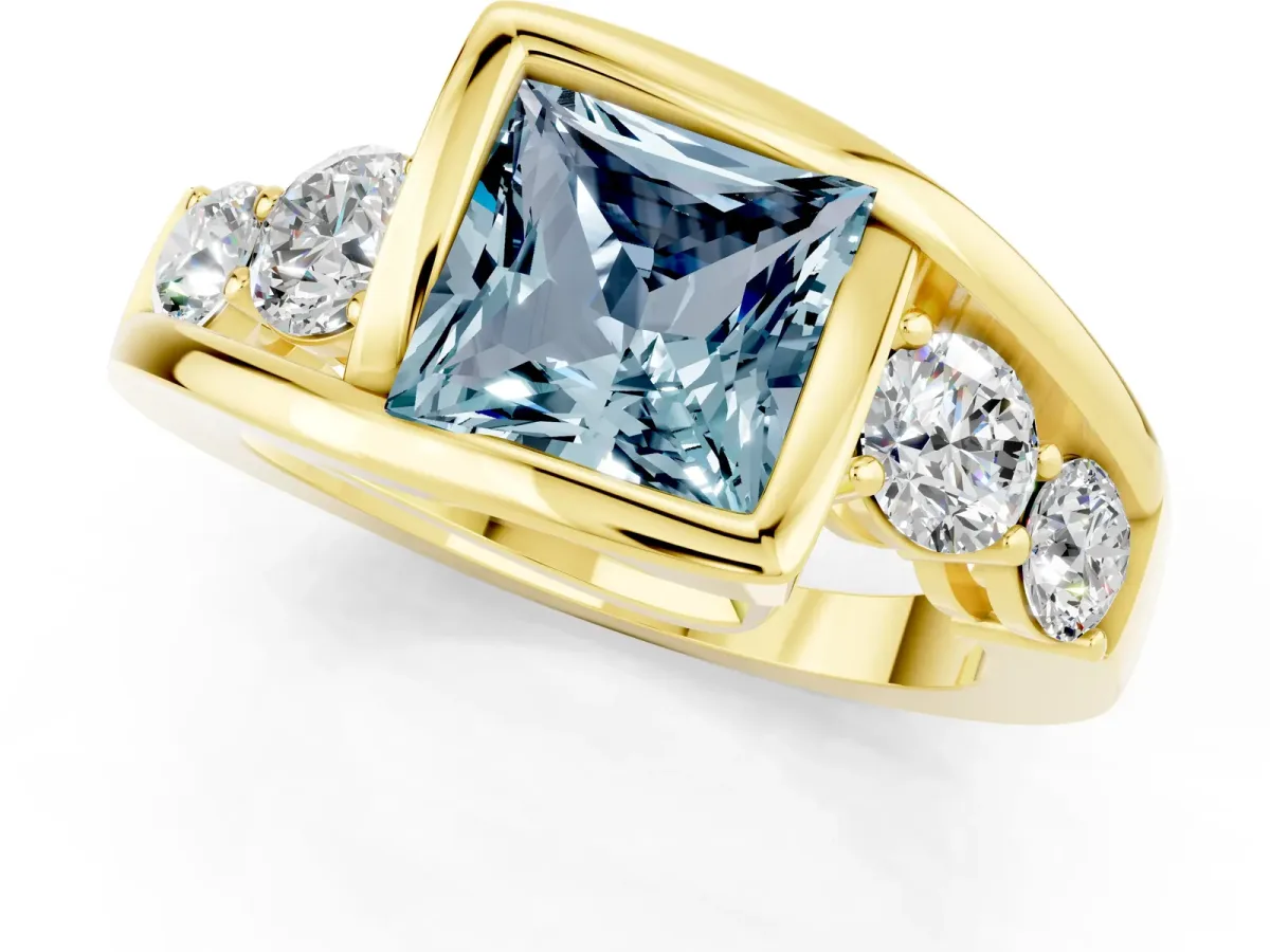 Bezel Set Princess Cut Aquamarine Bypass Ring with Round Accents Yellow gold