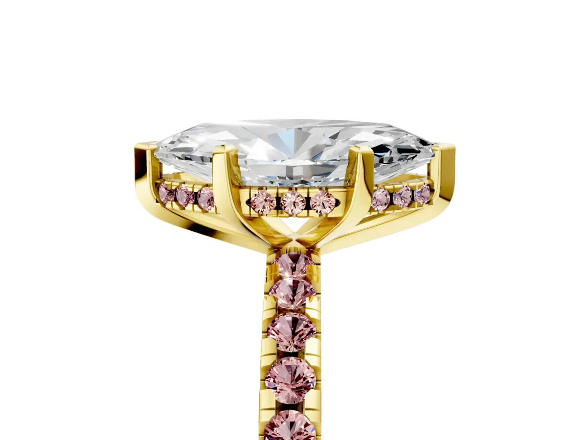 Marquise Cut Diamond Solitaire Ring with Round Morganite Pavé Band and Four-Prong Setting Yellow gold