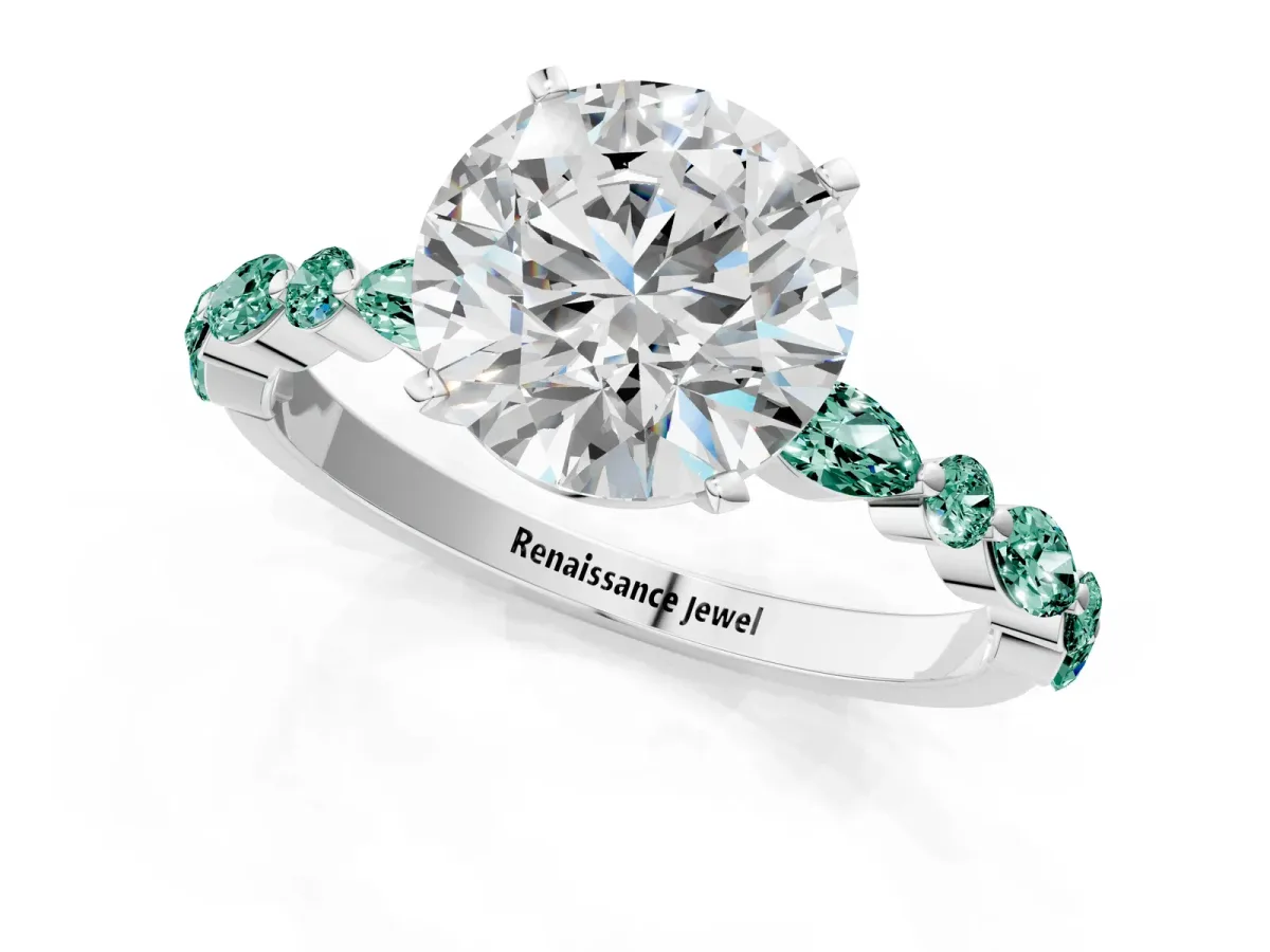 Round Cut Diamond Ring with Marquise and Round Green Sapphire Side Stones and Four-Prong Setting Platinum