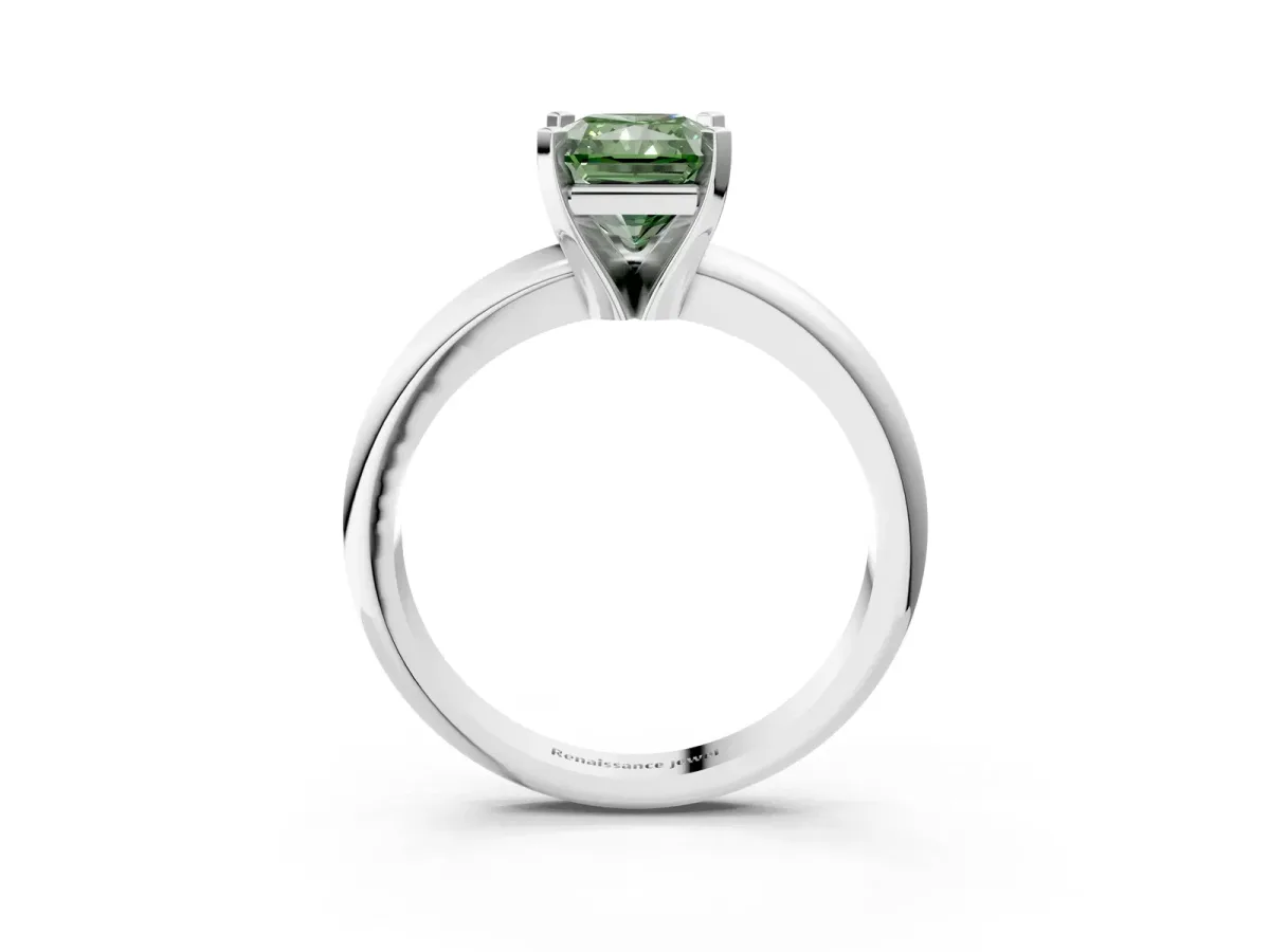 Fancy Green Radiant Cut Diamond Solitaire Engagement Ring with Round Band and Four-Prong Setting White gold