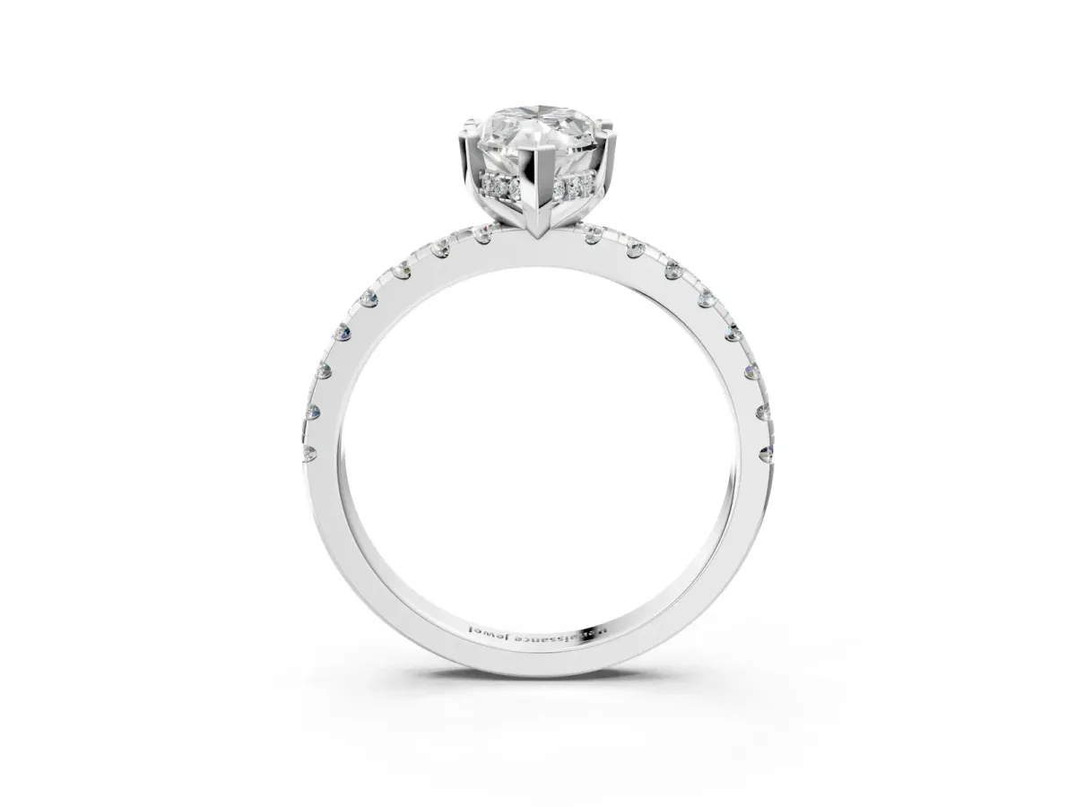 Marquise Cut Diamond Solitaire Ring with Round Moissanite Pavé Band and Four-Prong Setting White gold