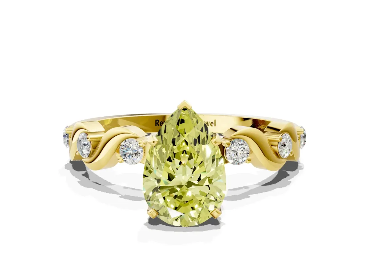Fancy Yellow Pear Cut Diamond Solitaire Twisted Band with Round Accents and Prong Setting Yellow gold