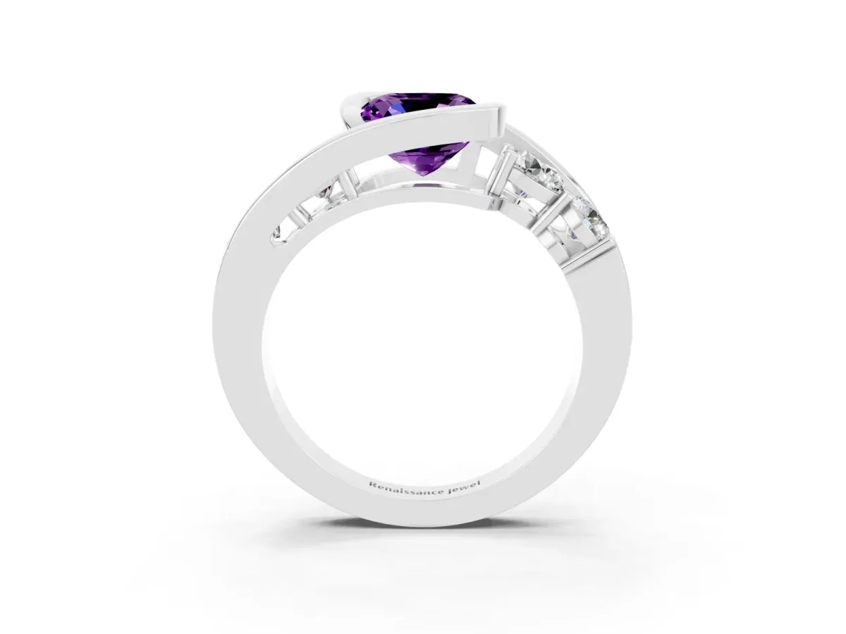 Bezel Set Cushion Cut Amethyst Bypass Ring with Round Accents Silver