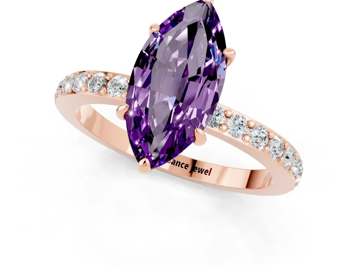 Marquise Cut Amethyst Solitaire Engagement Ring with Pavé Band and Four-Prong Setting Rose gold