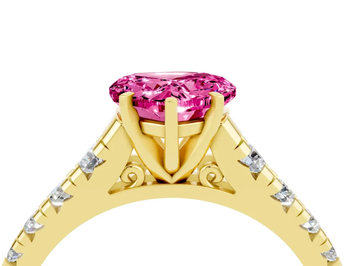 Heart Cut Pink Sapphire Cathedral Solitaire Ring with Round Pavé Band Yellow gold