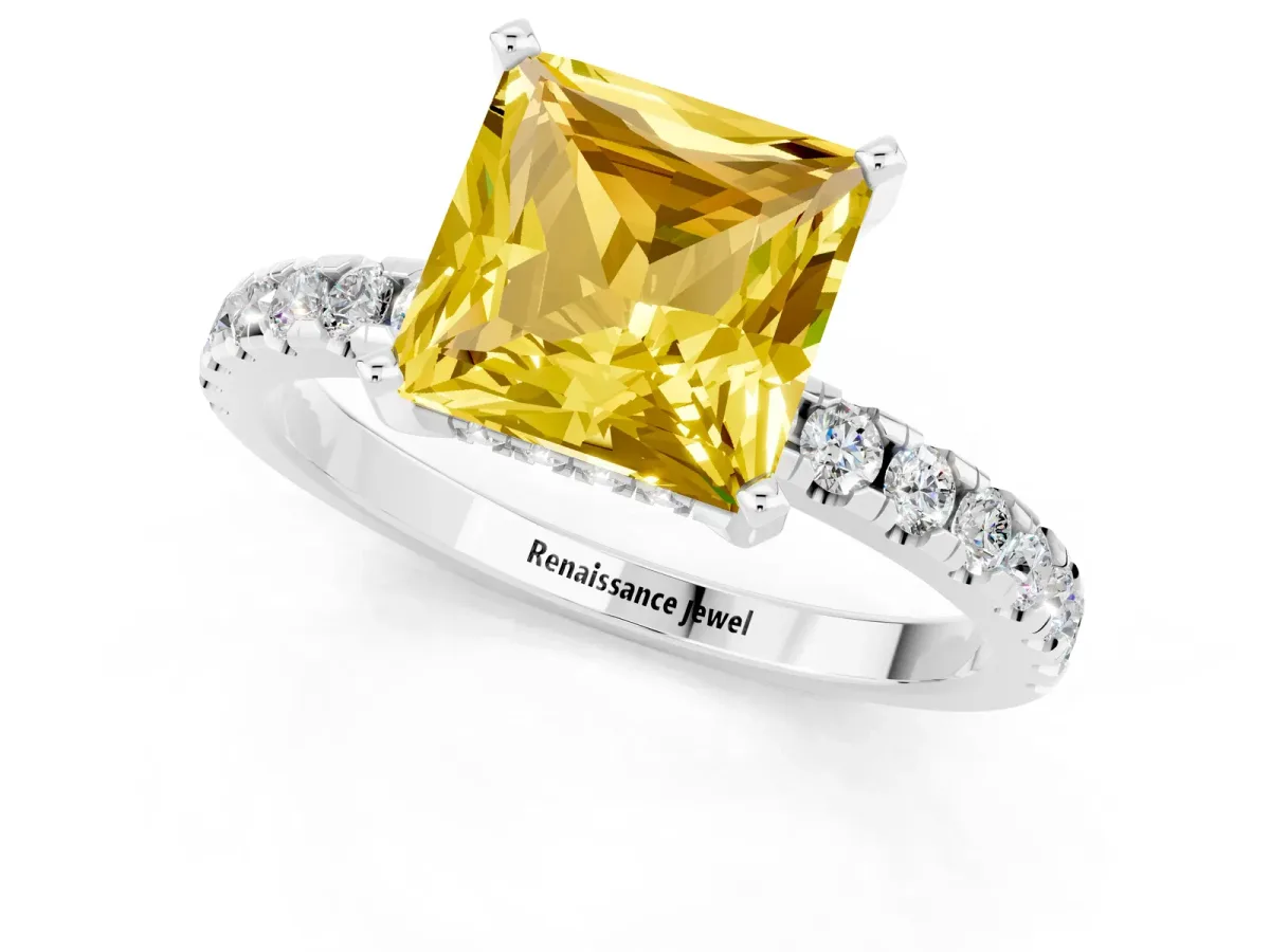 Princess Cut Yellow Sapphire Solitaire Ring with Round Pavé Band and Four-Prong Setting White gold