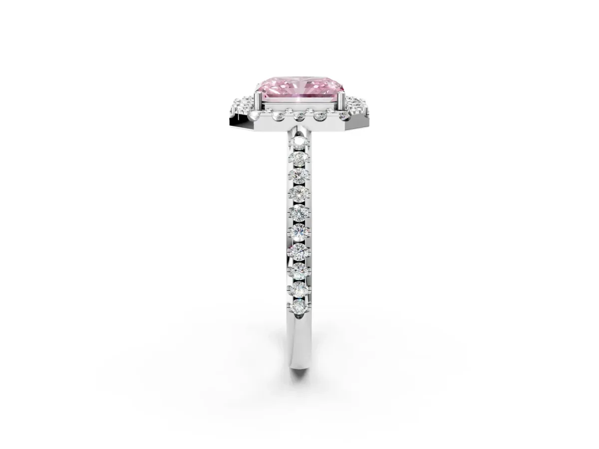 Fancy Pink Radiant Cut Diamond Pavé Halo Ring with Four-Prong Setting Platinum