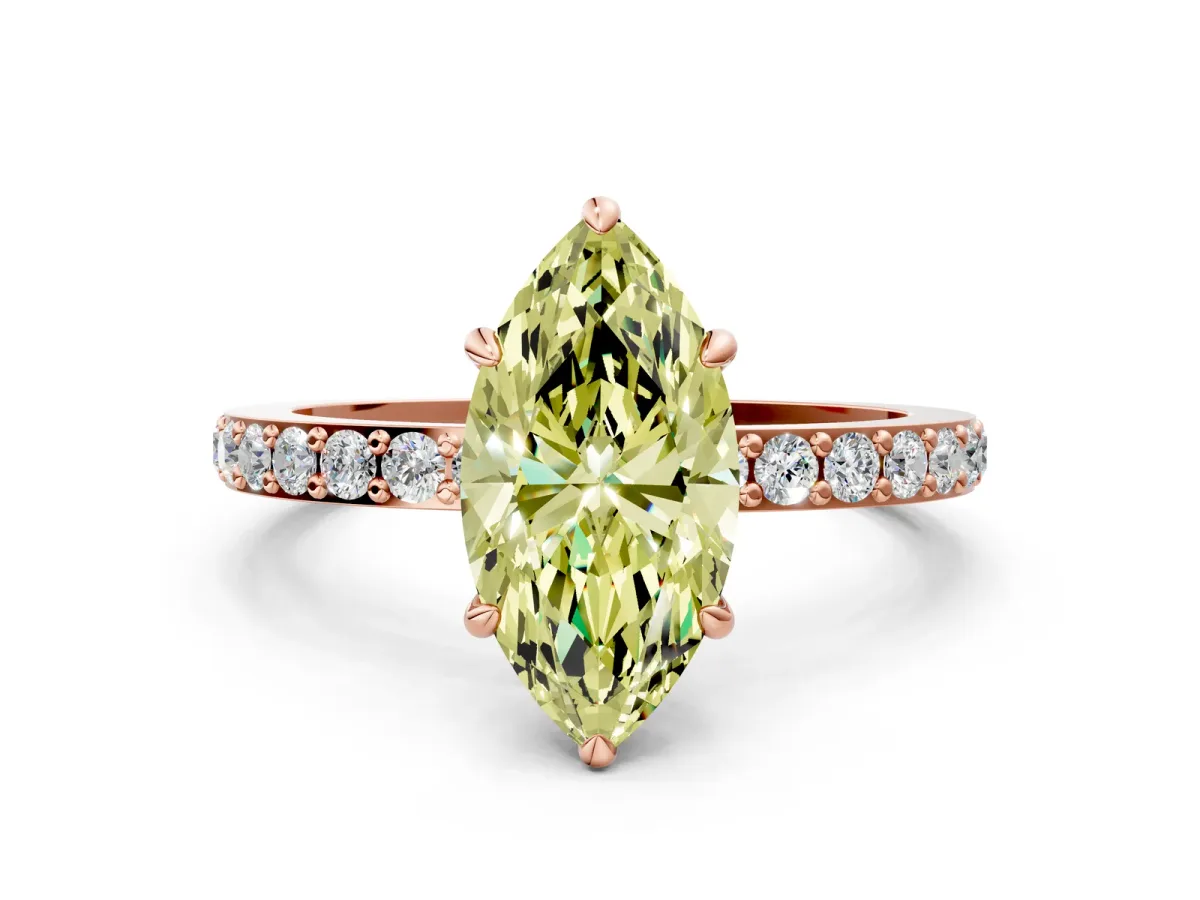 Fancy Yellow Marquise Cut Diamond Solitaire Engagement Ring with Pavé Band and Four-Prong Setting Rose gold