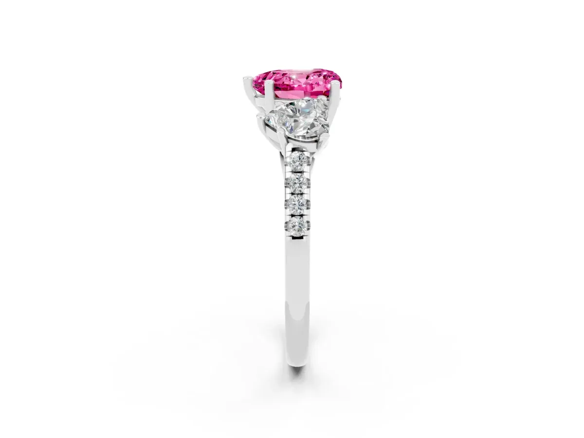 Three-Stone Heart Cut Pink Sapphire Ring with Round Pavé Band and Prong Setting White gold