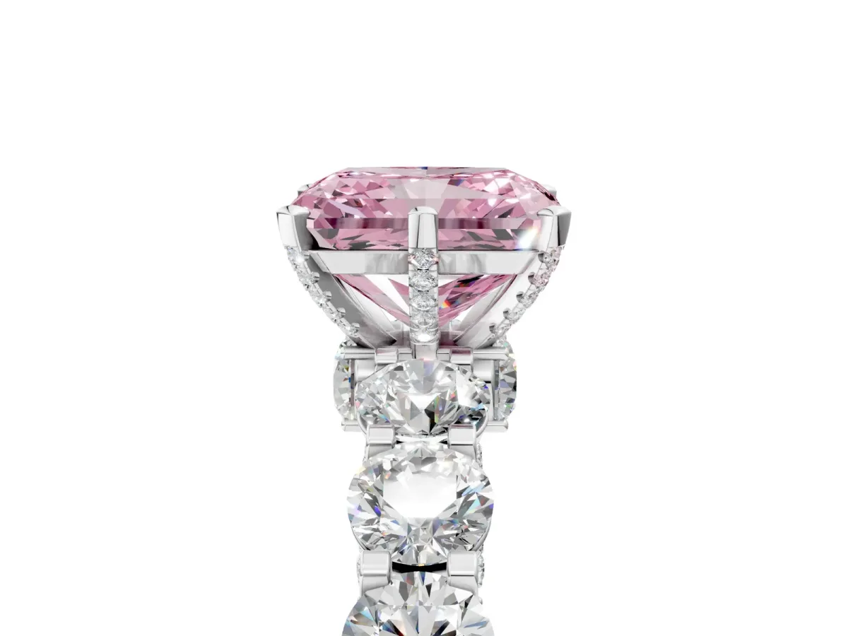 Fancy Pink Radiant Cut Diamond Side Stone Engagement Ring with Four-Prong Setting White gold
