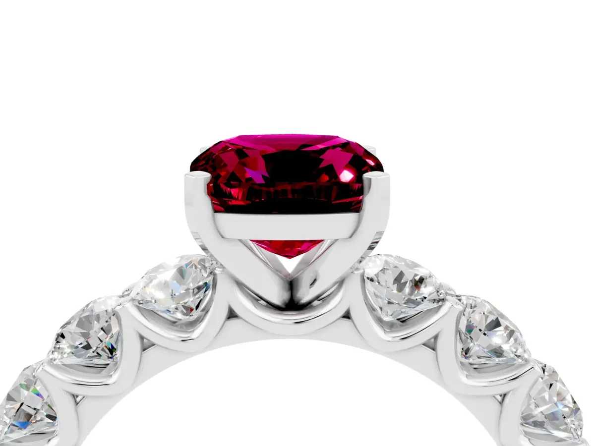 Cushion Cut Garnet Prong Setting with Side Stones on a Pave Band Silver