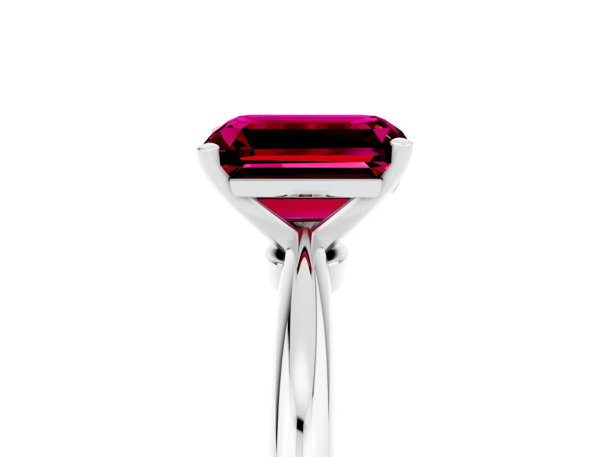 Emerald Cut Garnet Solitaire Ring with Six-Prong Setting and Classic Band Silver