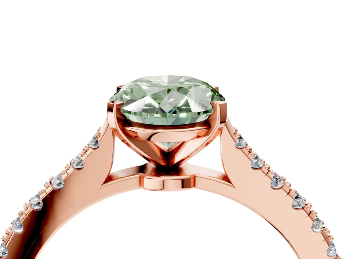 Fancy Green Oval Cut Cut Solitaire Diamond Engagement Ring with Pave Band and Four-Prong Setting Rose gold