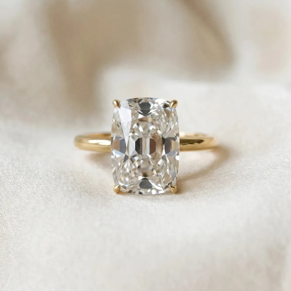 Old Mine Elongated Cushion Diamond Classic Band Four Prong Solitaire Ring Yellow gold