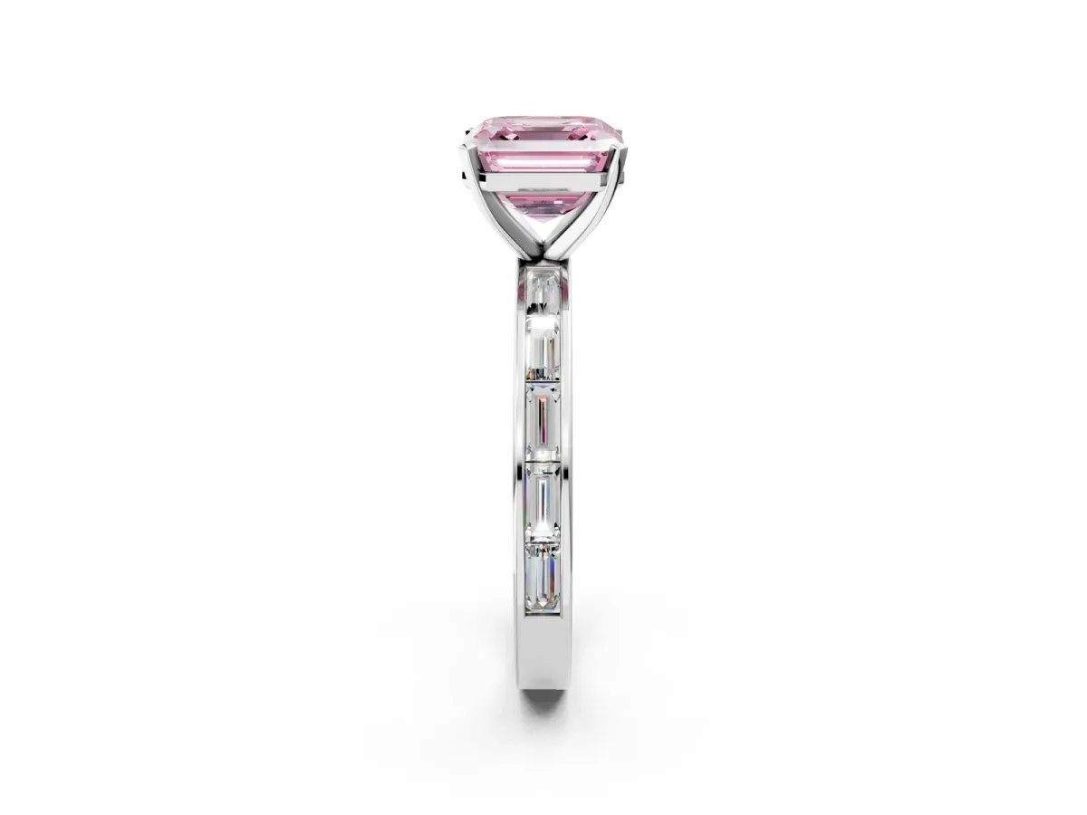 Fancy Pink Asscher Cut Solitaire Diamond Ring with Channel-Set Baguette Band and Four-Prong Setting White gold