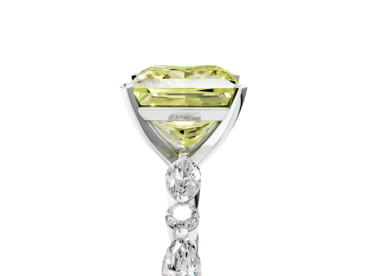 Fancy Yellow Princess Cut Diamond Ring with Marquise and Round Side Stones and Four-Prong Setting White gold