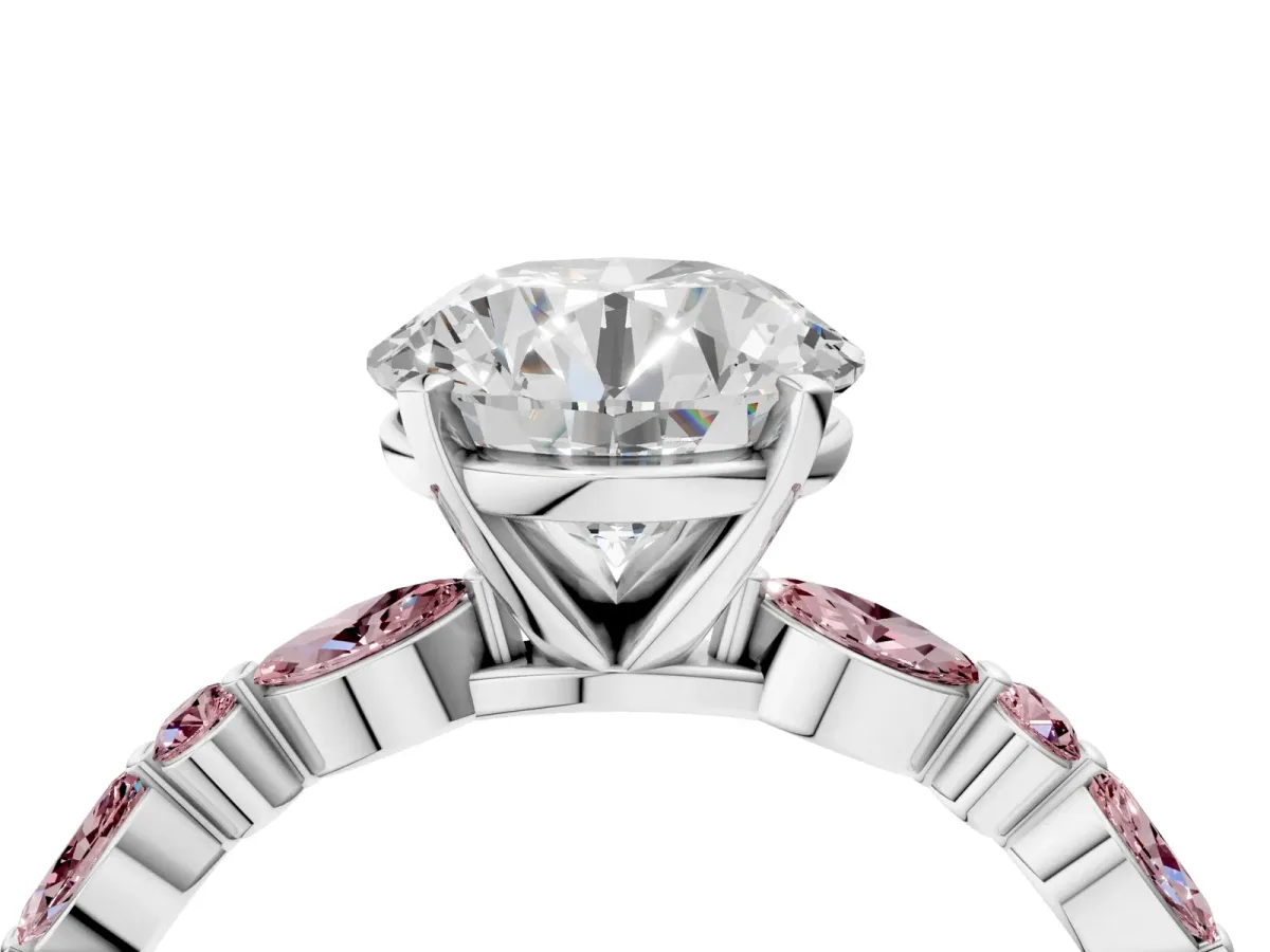 Round Cut Diamond Ring with Marquise and Round Morganite Side Stones and Four-Prong Setting White gold