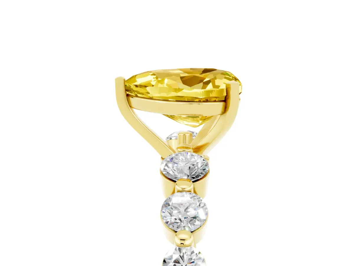 Heart Cut Solitaire Yellow Sapphire Ring with Pave Band and Four-Prong Setting Yellow gold