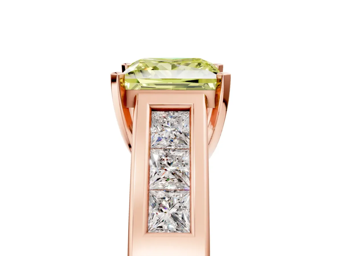 Fancy Yellow Princess Cut Cut Channel Set Solitaire Ring with Four-Prong Setting Rose gold