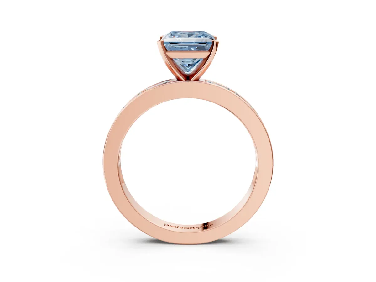 Fancy Blue Princess Cut Solitaire Diamond Ring with Channel-Set Baguette Band and Four-Prong Setting Rose gold