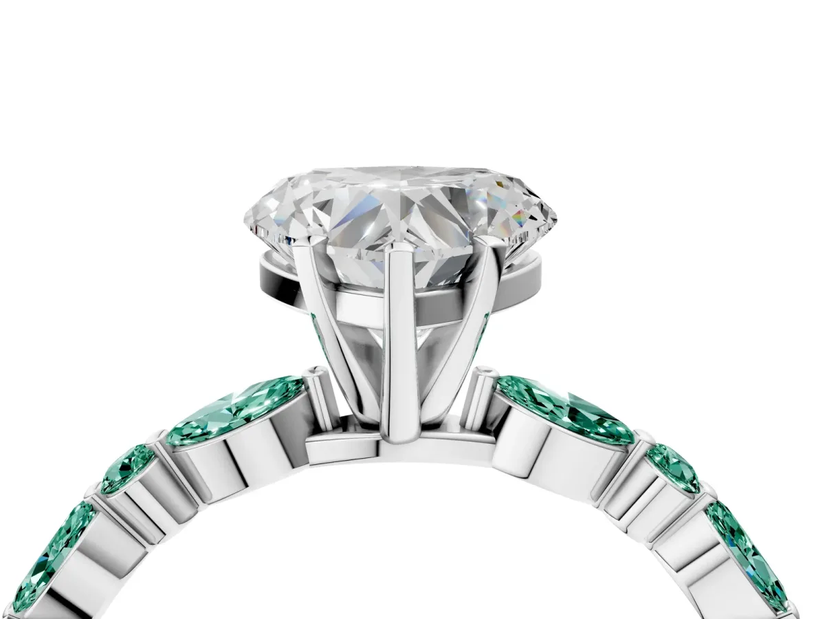 Heart Cut Diamond Ring with Marquise and Round Green Sapphire Side Stones and Four-Prong Setting Silver
