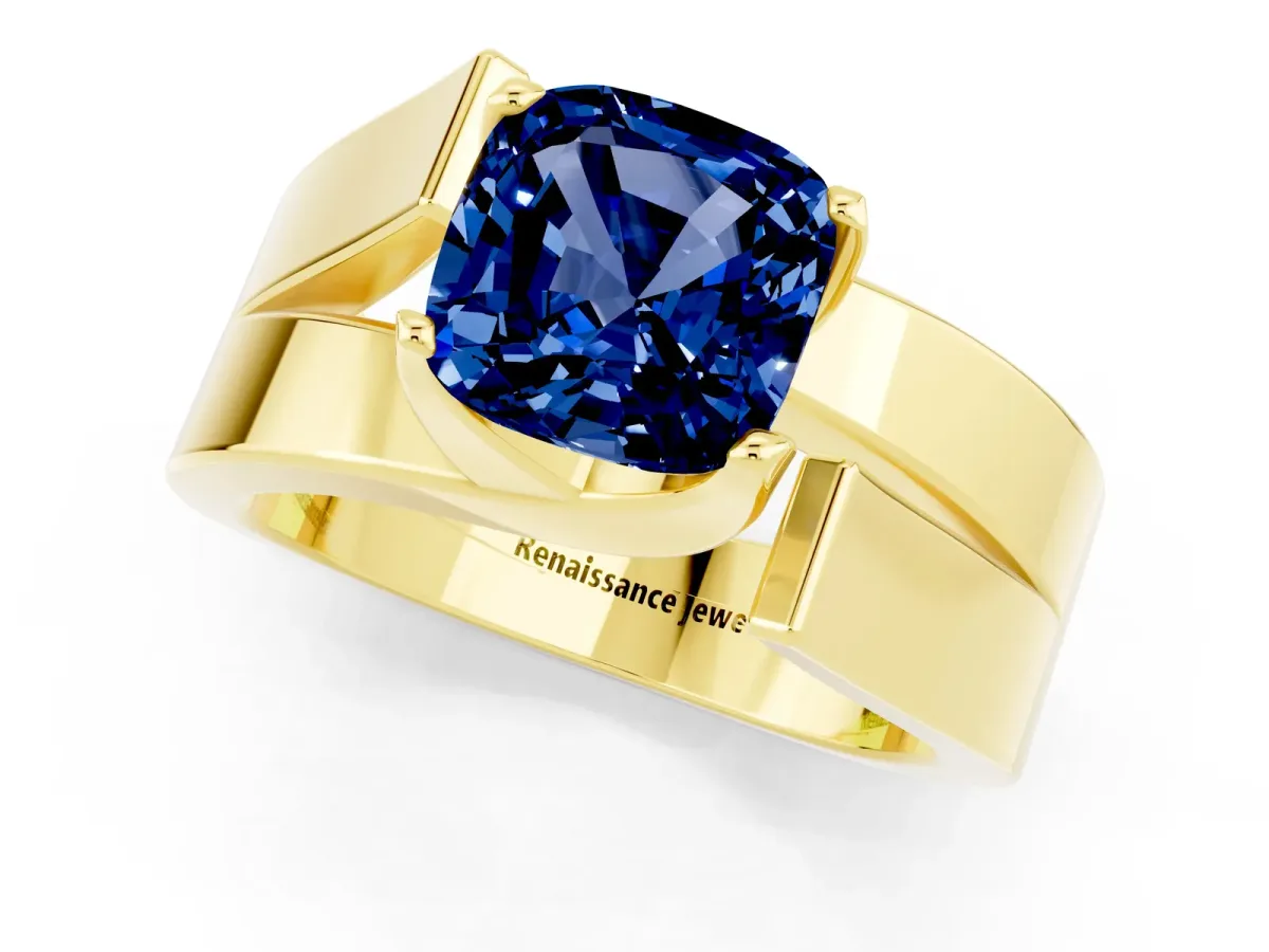 Modern Tension Set Cushion Cut Blue Sapphire Solitaire Wide Band Ring Yellow gold