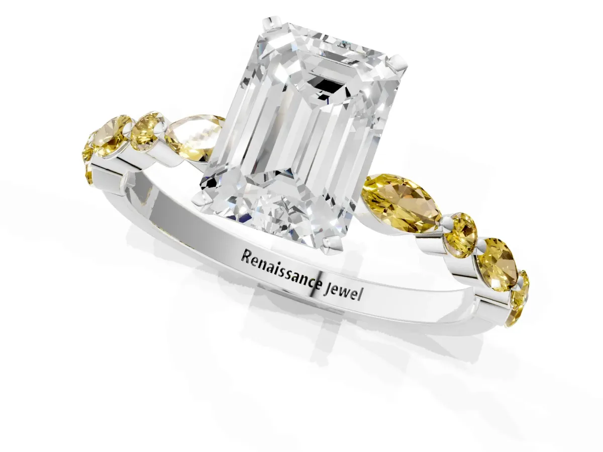 Emerald Cut Diamond Ring with Marquise and Round Yellow Sapphire Side Stones and Four-Prong Setting White gold