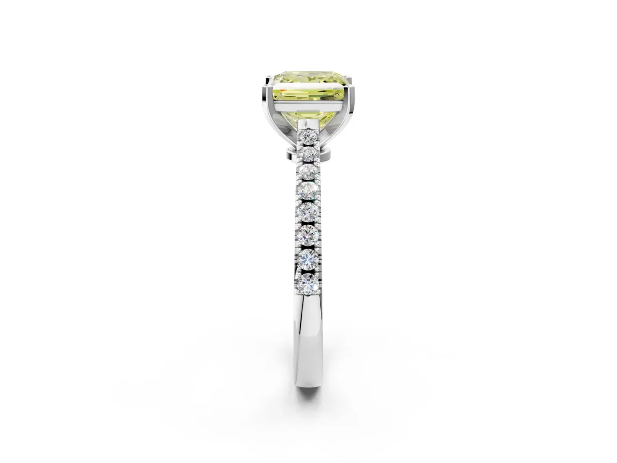Fancy Yellow Princess Cut Cut Solitaire Diamond Engagement Ring with Pave Band and Four-Prong Setting White gold