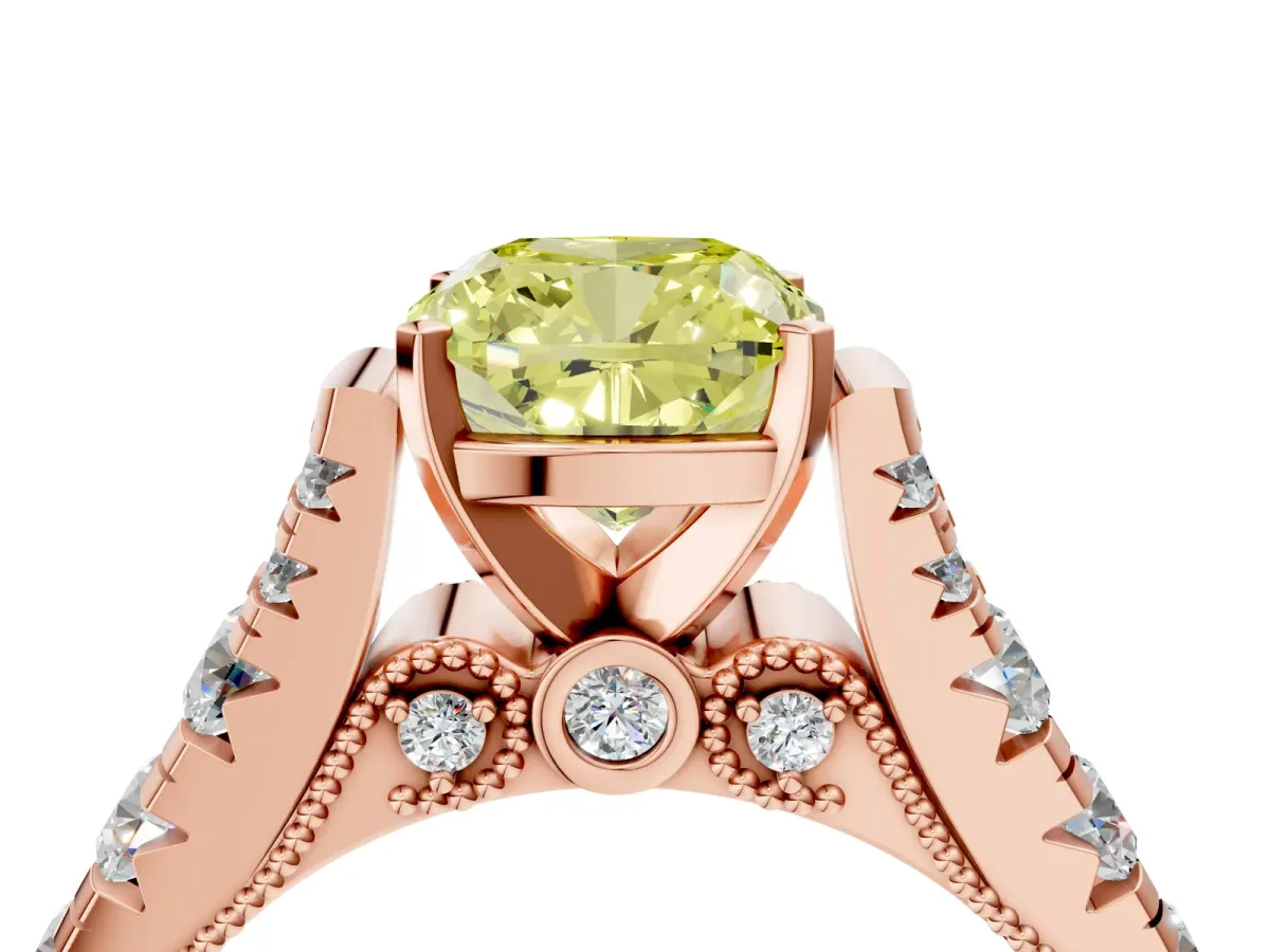 Fancy Yellow Cushion Cut Diamond Classic Solitaire Ring with Pavé Band and Four-Prong Setting Rose gold