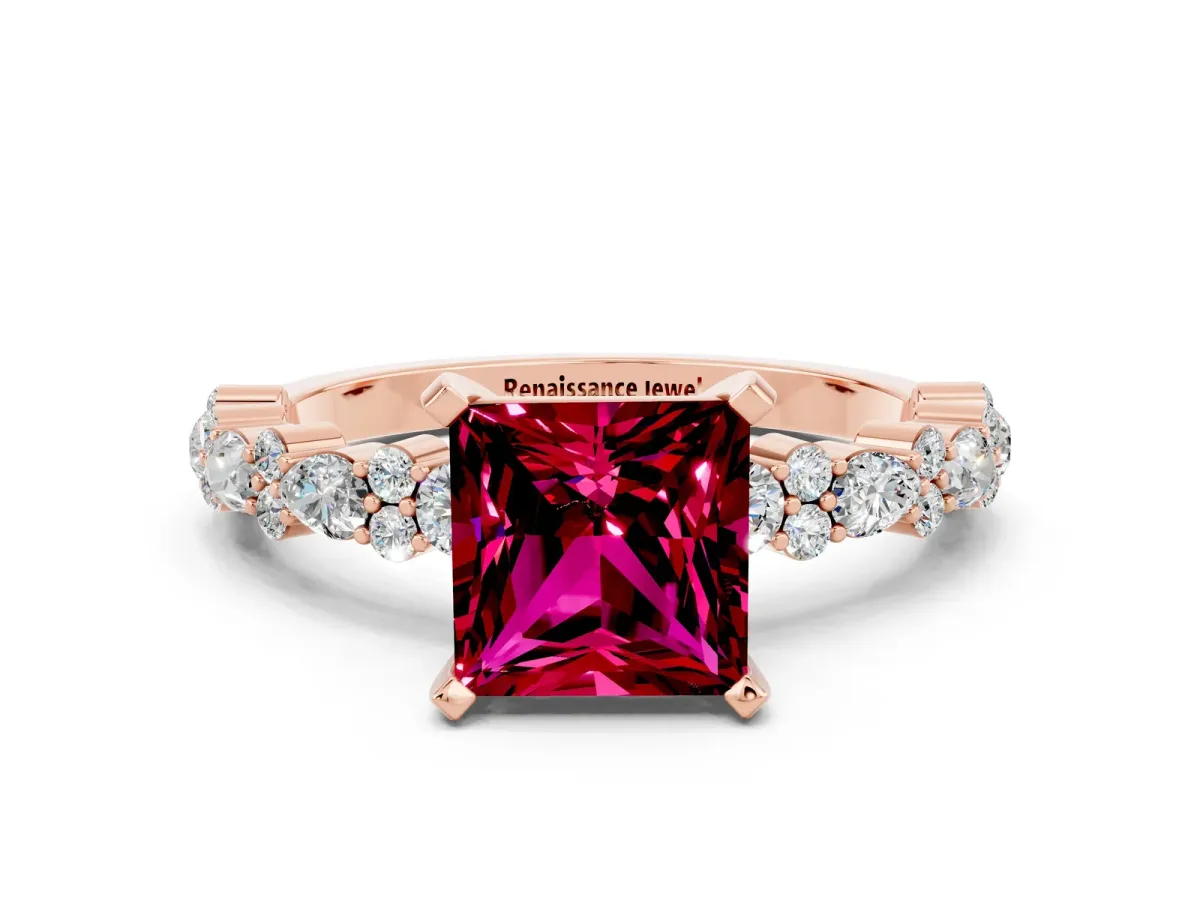 Princess Cut Garnet Side Stone Solitaire Ring with Round and Four-Prong Setting Rose gold