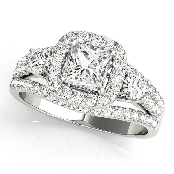 Halo Princess Cut Cut Split Shank Diamond Ring with Four-Prong Setting Silver
