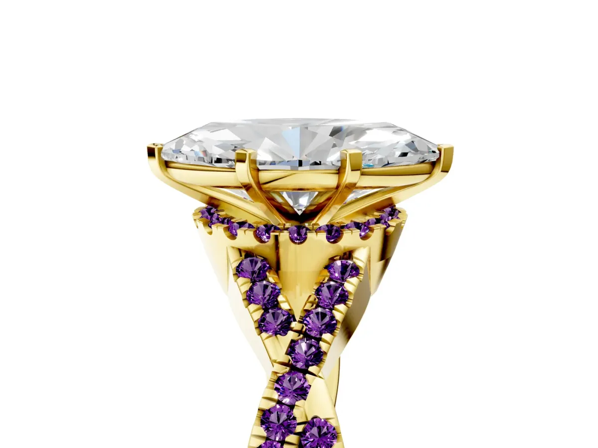 Marquise Cut Diamond Amethyst Halo Twist Band Solitaire Prong Setting Ring Yellow gold