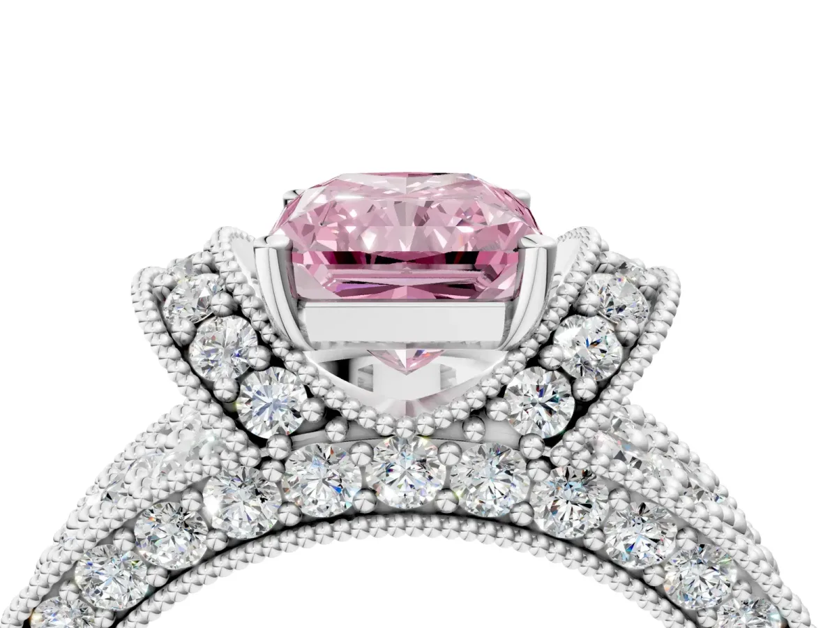 Fancy Pink Radiant Cut Halo Pave Diamond Engagement Ring with Milgrain Detailing Platinum