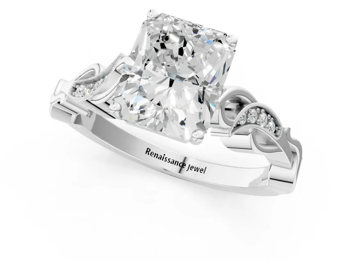 Radiant Cut Solitaire Vine Band with Milgrain Prong Setting Platinum