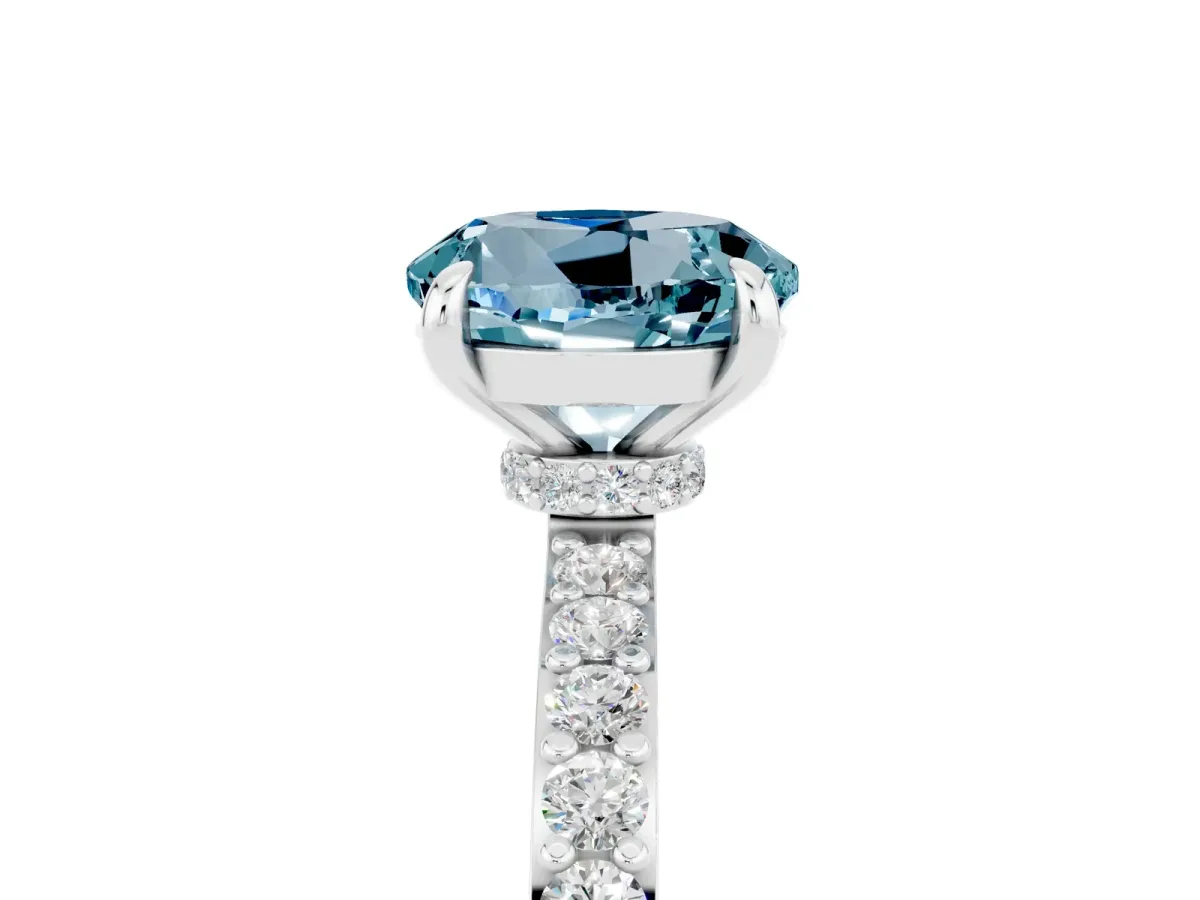 Round Cut Aquamarine Solitaire Engagement Ring with Pavé Band and Four-Prong Setting White gold