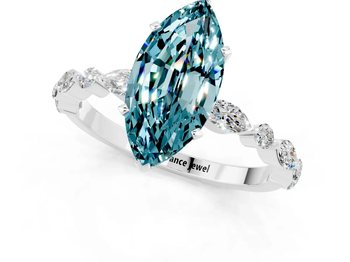 Marquise Cut Blue Topaz Ring with Marquise and Round Side Stones and Four-Prong Setting White gold