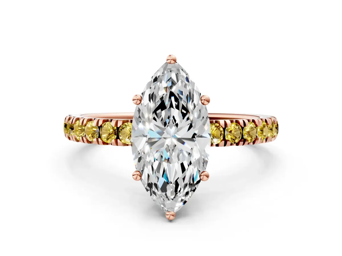 Marquise Cut Diamond Pave Band Solitaire Ring with Round Yellow Sapphire and Prong Setting Rose gold
