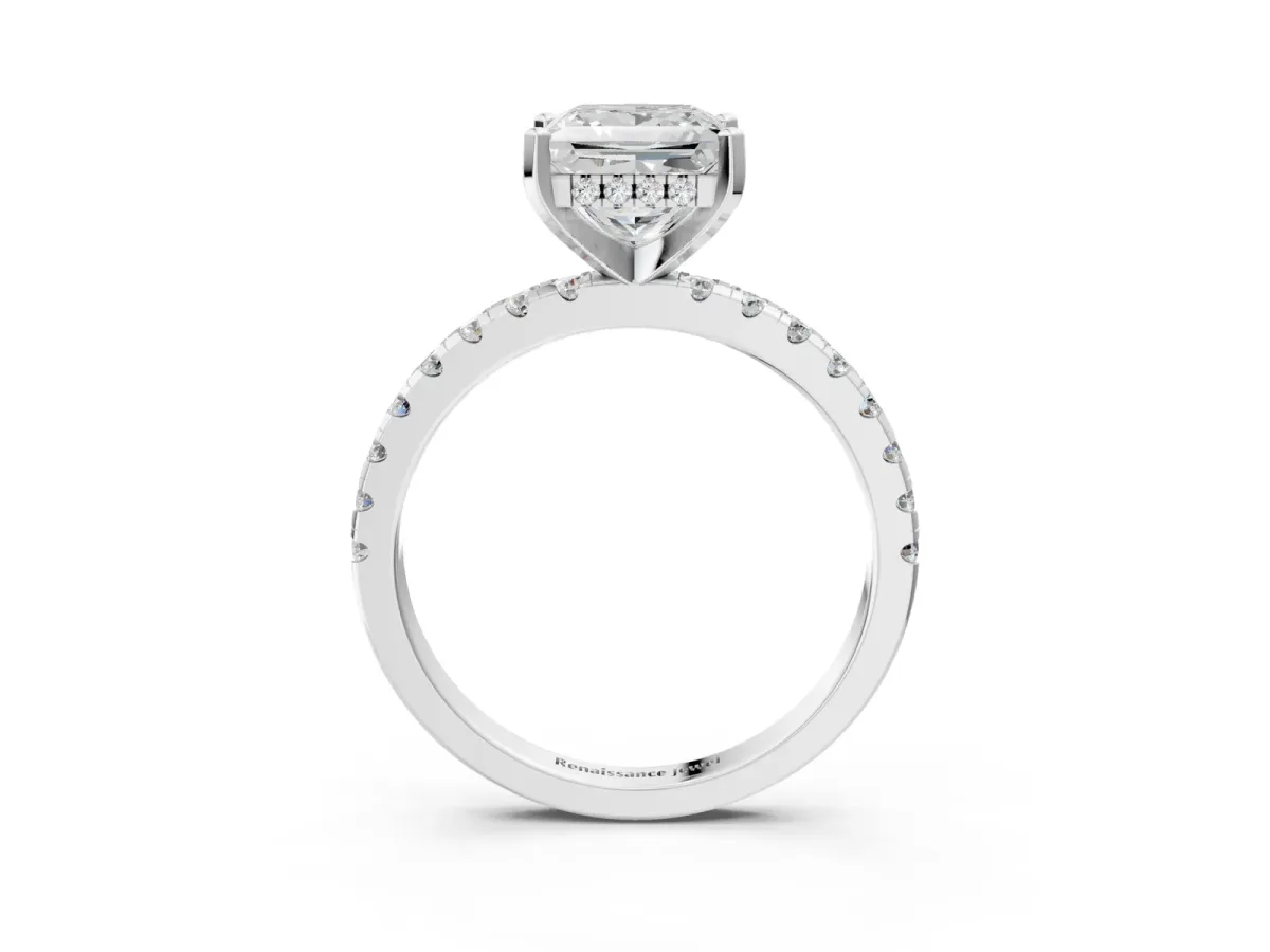 Princess Cut Diamond Solitaire Ring with Round Moissanite Pavé Band and Four-Prong Setting White gold