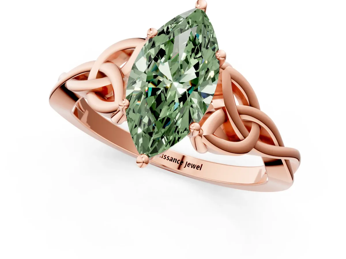Fancy Green Marquise Cut Diamond Solitaire Engagement Ring with Celtic Knot Band and Four-Prong Setting Rose gold